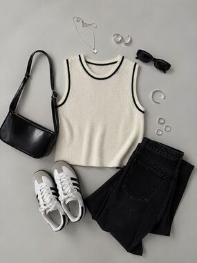 H&M Cream Knit Tank Top Black Trim Sleeveless Sweater Vest Size Large